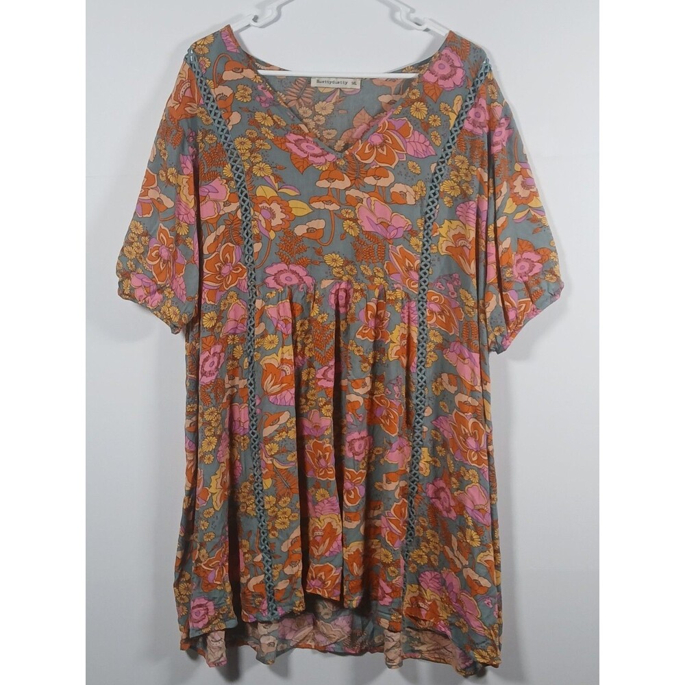 RusttyDustty Women’s Top XL  Floral Boho Oversized Prairie Blouse Crochet Accent